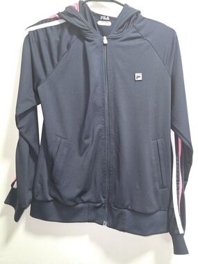 FILA Navy Zip-Up Hoodie with Pink & White Stripes